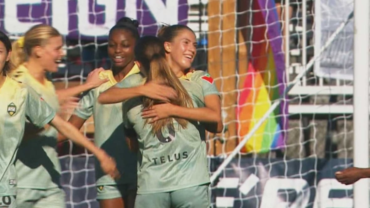 Female soccer players hug in celebration during a match.