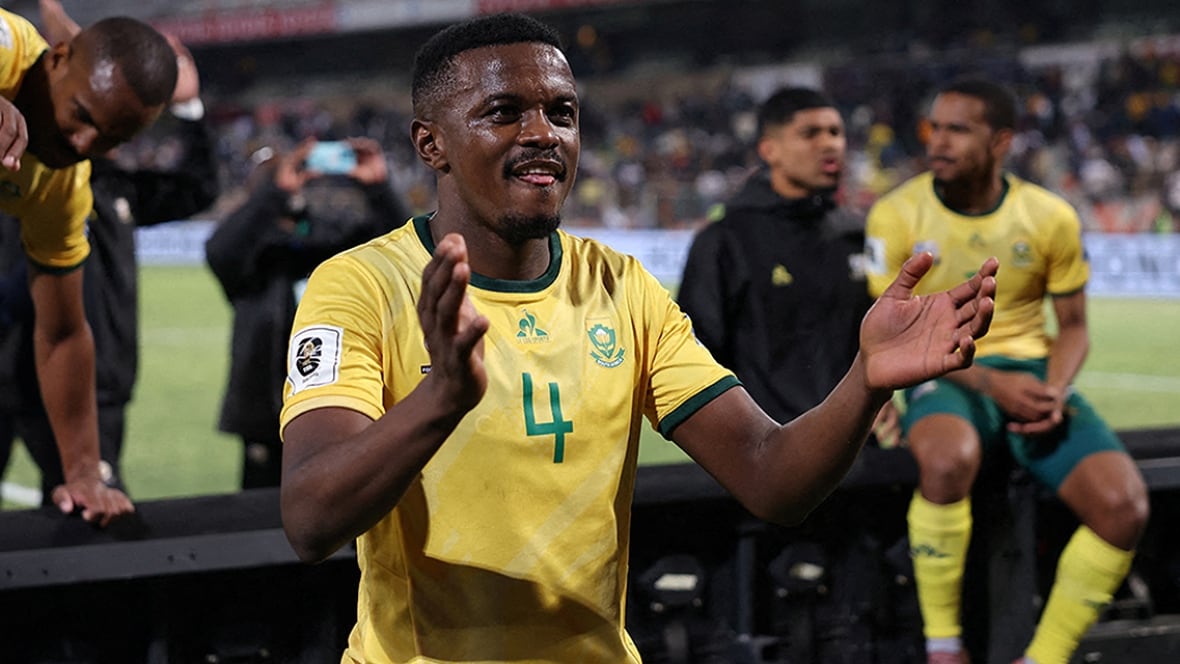 South African soccer player Teboho Mokoena celebrates following a September 5, 2025 win over Lesotho at Toyota Stadium in Bloemfontein, South Africa.