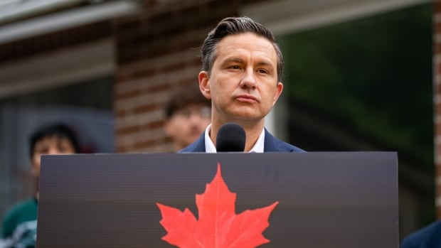 Conservative Party Leader Pierre Poilievre speaks to the media during an announcement in Brampton, Ont., on Friday, August 29, 2025.