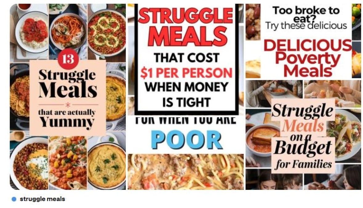 A compilation of food images with text over laid that says struggle meals, delicious poverty meals.