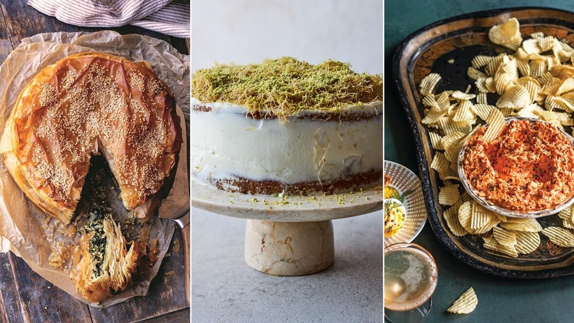 Left: a round spanakopita; middle: a cake on a pedestal; right: a platter of chips with an orange dip in the middle. 