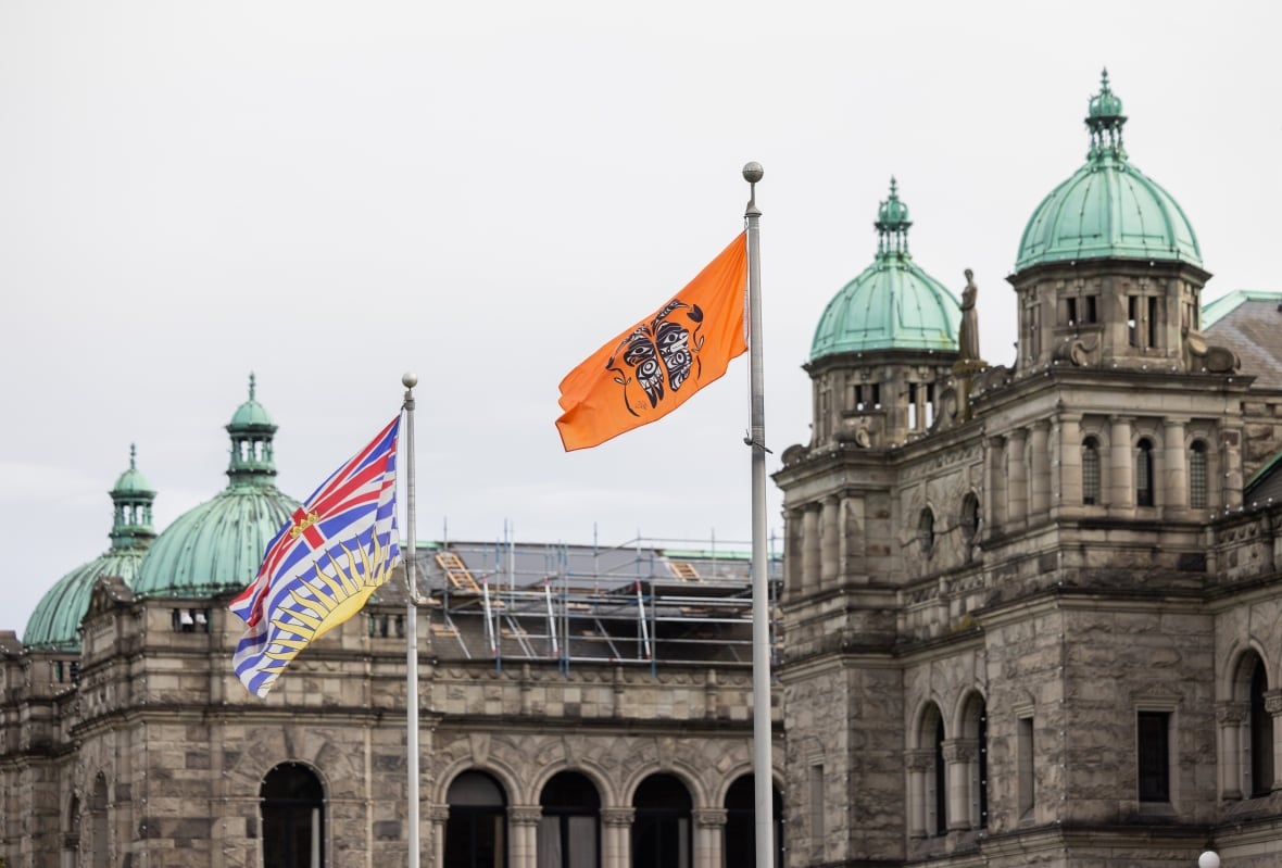 Two flags, one of them orange, flying on a flagpole with Victorian-era buildings in the background.