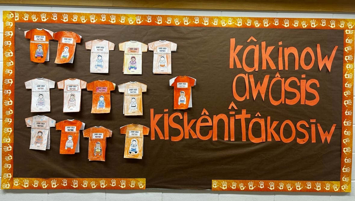 A poster with mini orange shirts made of paper is shown, with the words "kâkinow awâsis kiskênîtâkosiw" made in paper letters next to it.