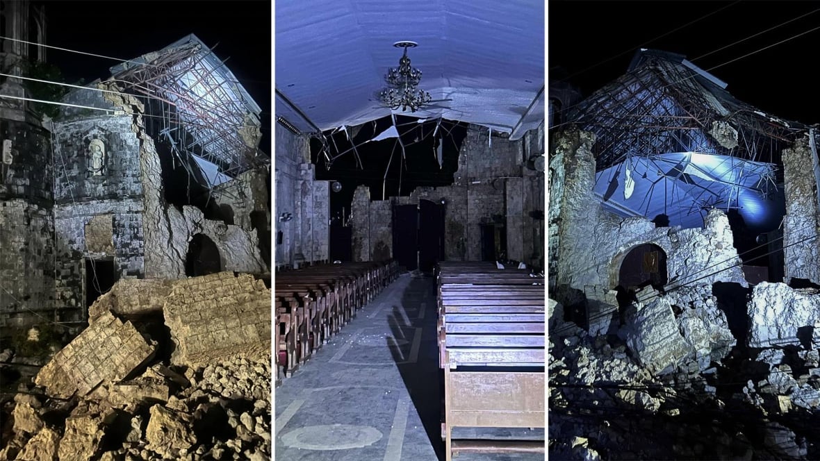 Three pictures showing the amazing walls of the church in the Philippines after an earthquake.