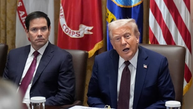 Two cleanshaven men in suit and tie are shown seated at a table, one is dark haired and middle-aged, the other older and blonde haired.