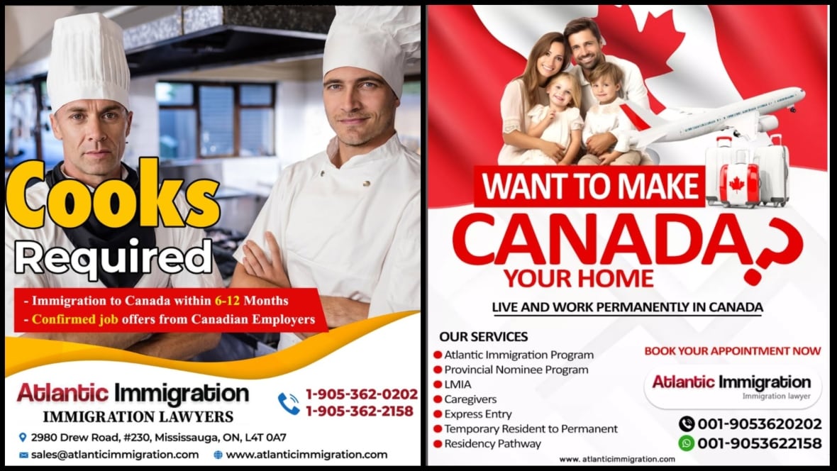 Two pictures of advertisements. One says "Cooks required" and shows two cooks. It says "Immigration to Canada within 6-12 months. Confirmed job offers from Canadian Employers. Atlantic Immgiration Immigration Lawyers. 1-905-362-0202. 1-905-362-2158. 2980 Drew Road, #230, Mississauga, On, L4T 0A7. sales@immigration.come www.atlanticimmigration.com." The other says "Want to Make Canada your home? Live and work permanently in Canada. Our services, Atlantic Immigration Program, Provincal Nominee Program, LMIA, Caregivers, Express Entry, Temporary Resident to Permanent, Residency pathway. Book your appointment now Atlantic Immigration immigration lawyer. 001-9053620202. 001-9053622158. www.atlanticimmigration.com World Headquarters 2980 Drew Road. Suite 230 Mississauga, Ontario L4T 0A7 - Canada. "