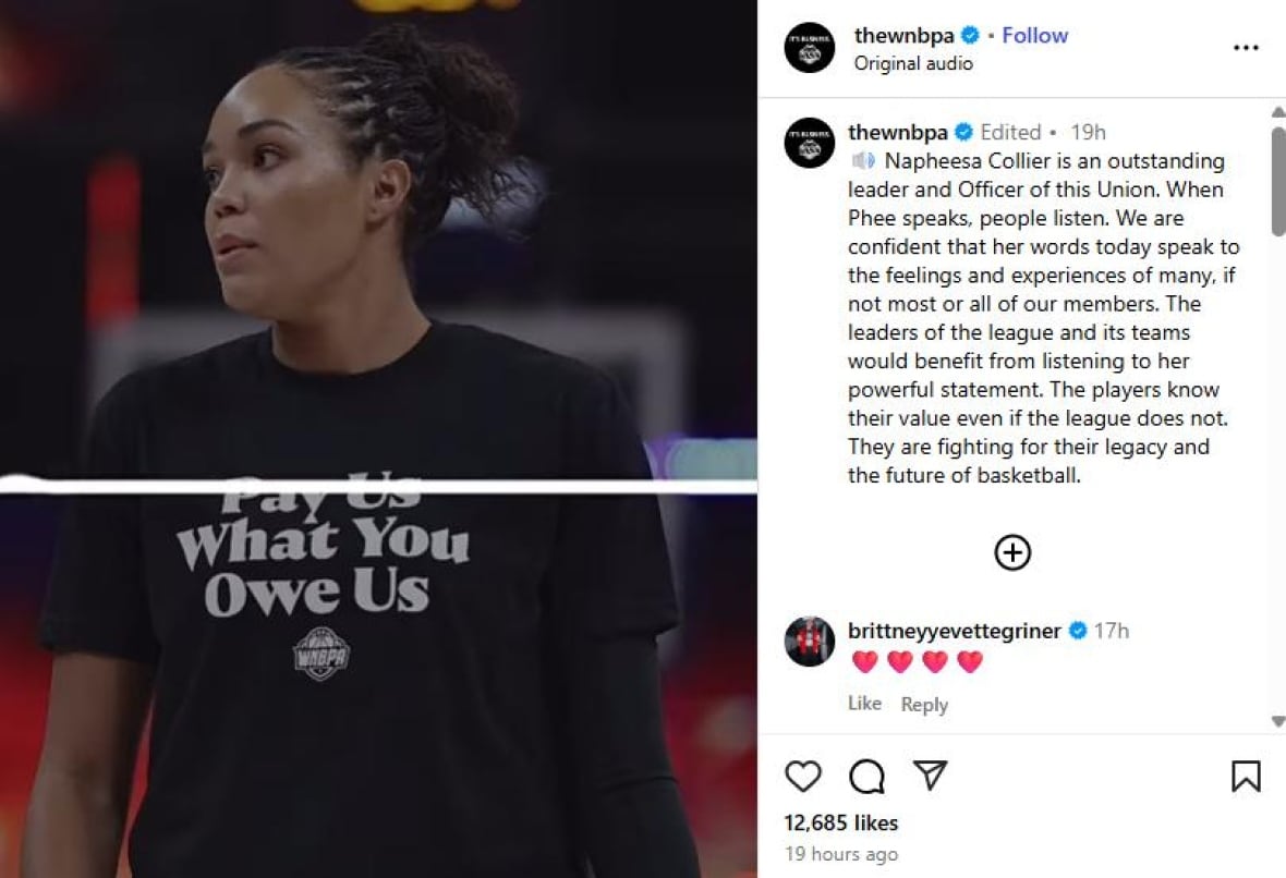 Instagram screening shot at the official WNBPA account. It shows a woman in a shirt that tells us what she owes to us. The comment says: Navisa Coller is a prominent leader and officer in this union. When Fi speaks, people listen. We are confident that her words today speak to the feelings and experiences of many of our members, if not most of our members or all of them. The league leaders and their teams will benefit from listening to their strong statement. The players know their value even if it is not the league. They are fighting for their legacy and the future of basketball.