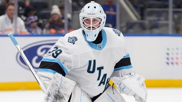 A hockey goalie stands with a stick.