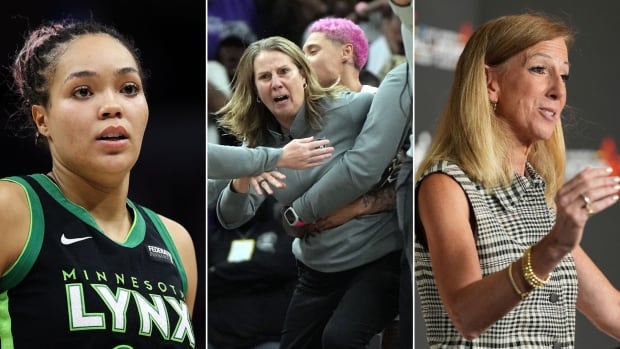 A composite image of three women. One the left is a basketball player, middle is a coach being held back by others, right is a woman speaking at a podium.