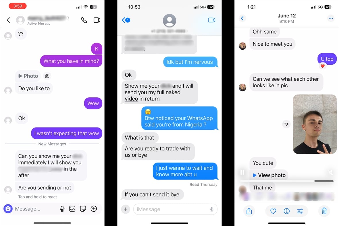 Three screenshots of the phone from text messages on the phone screens. It shows clear text messages. He says one "Can you see me ___, immediately I will show you a finger ___ dimension"
