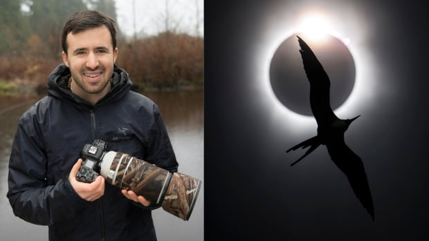 Two photos side by side. On the left, a man holding a camera covered in a camo wrap smiles. On the right, a photo of the moon passing in front of the sun, with a bird in flight's silhouette in the foreground