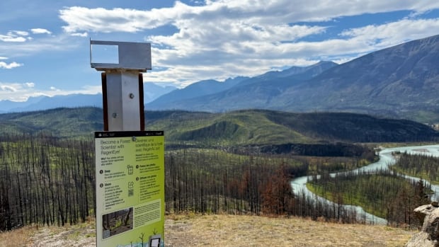 To document how the landscape regenerates after the devastating Jasper wildfire in 2024, three photo stations have been installed that overlook the damaged landscape. A wooden post with an informational sign and a metal cradle for a cellphone is pictured, with a burnt landscape in the background under a blue sky with clouds.
