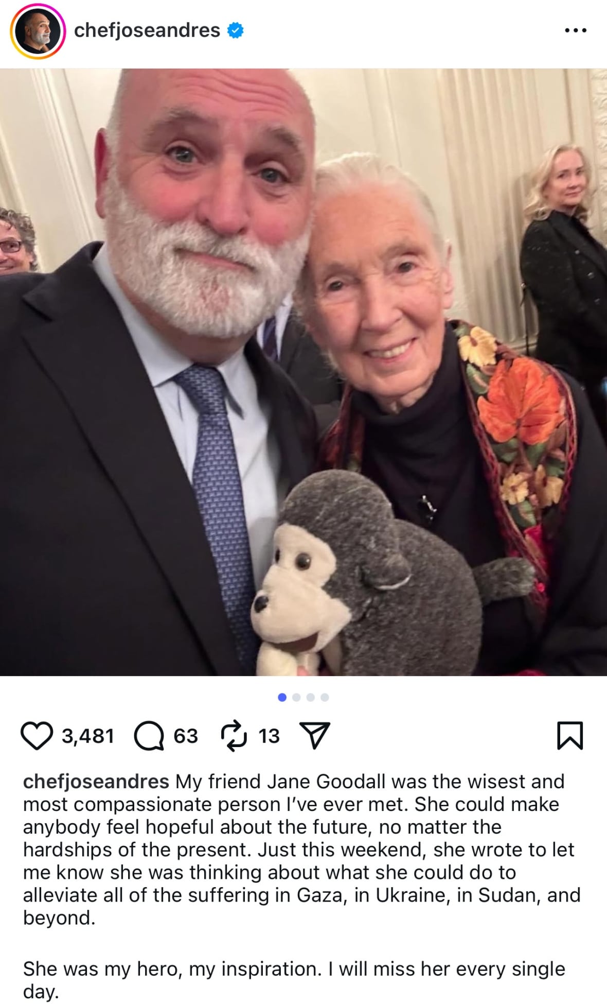 Published on social media with a picture of a bald man with a gray beard, wearing a dark suit, standing with his arm around a woman who pulls her gray hair and wears a printed scarf on a black top and holds a game stuffed in her hands.