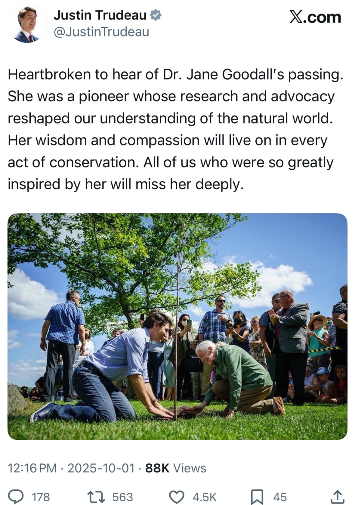 Publishing social media with a picture of a smiling man, wearing a blue shirt and blue pants on his knees on the grass that cultivates a tree with a woman, wearing green pants and brown pants, smiling while wearing dirt around the tree. A crowd behind them watching a blue sunny day.