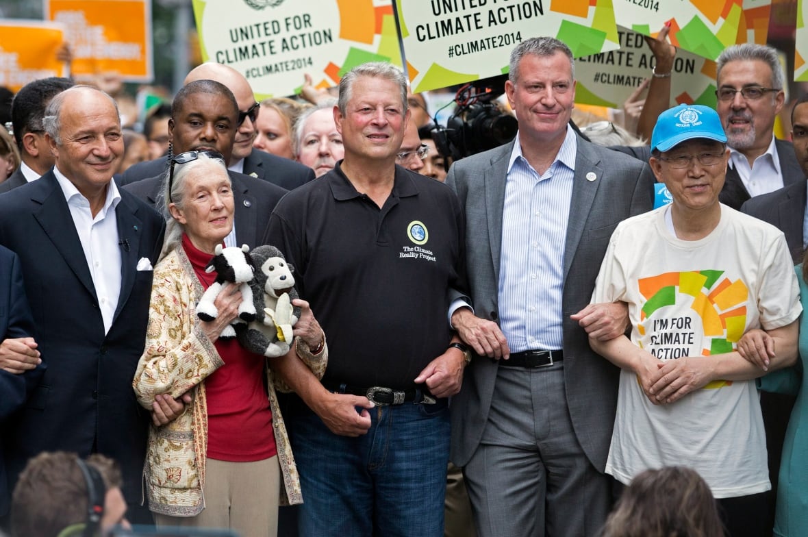 French Foreign Minister Laurent Fabius, from the left, Jane Godal, former US Vice President Al Gore, New York mayor Bill de Palacio, and United Nations Secretary -General Ban Ki -moon in the popular climate march in New York on Sunday, September 21, 2014. Climate change.