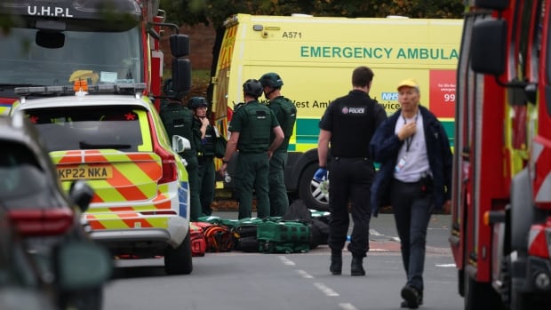 From a distance, people are seen standing near emergency vehicles on a roadway.
