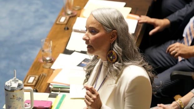 A woman politician with long grey hair, beaded earrings and a white suit speaks during question period at a legislative building.