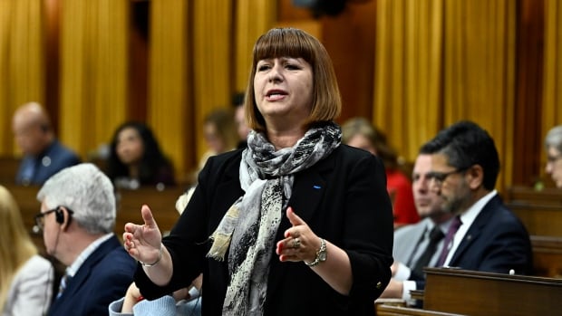 A wwoman in a blazer and scarf stands and speaks in the House of Commons.