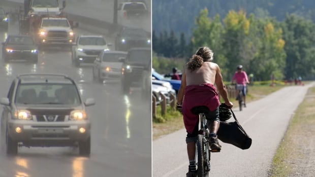 On the left, a grey rainy road filled with traffic. On the right, a man seen from behind with his shirt off, biking on a sunny pathway. 