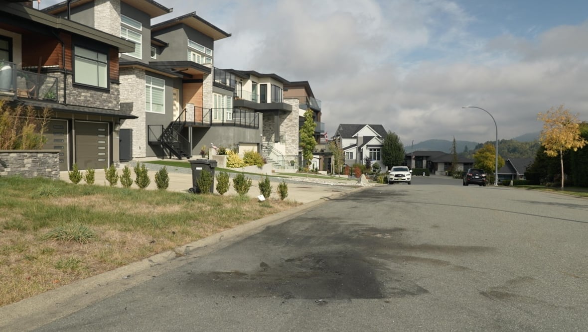 There are two homes in a residential neighbourhood. There is evidence of an extortion- related incident with dark black marks on the road. 