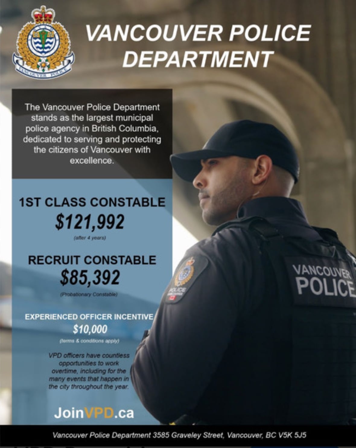 A poster shows a VPD officer and highlights the pay a constable can earn.