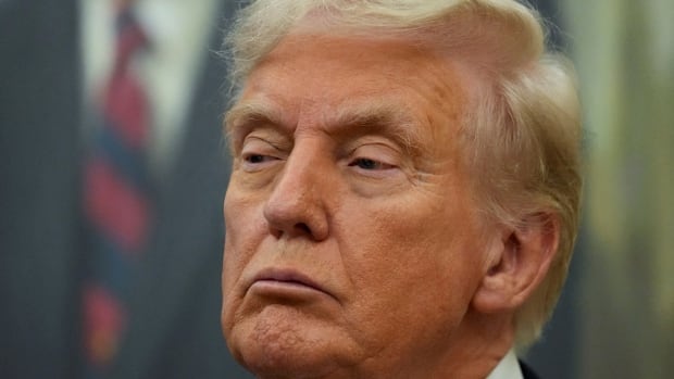 U.S. President Donald Trump looks on.