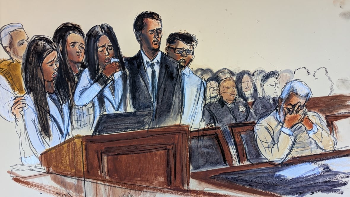 The sketch shows a group of sad women standing next to Lecretion. Next to the woman in front, the man stand stoically.
