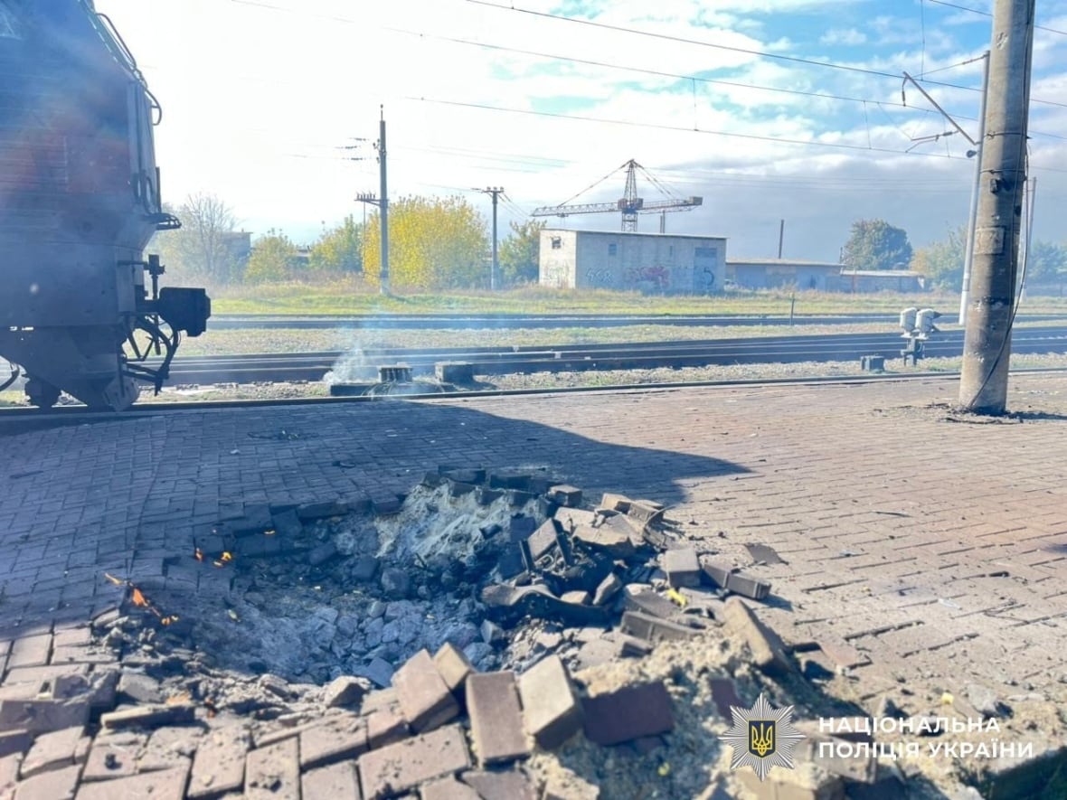 A Russian drone engine is in a crater.