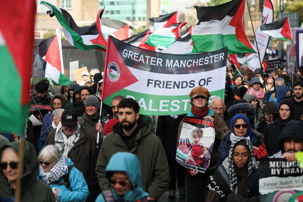 The demonstrators have panels and flags during a walk.