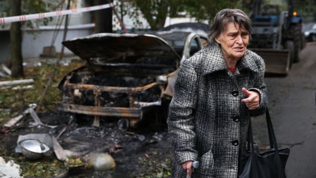 An elderly woman with a cane appears distressed standing in front of a destroyed car.