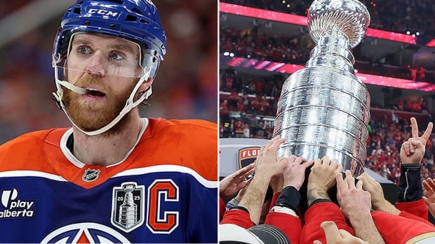 Connor McDavid, left, has said he would take his time on deciding when to sign his next contract despite being eligible to put pen to paper July 1, while the Panthers will be looking to become the first team to go back-to-back-to-back since the New York Islanders won four straight Stanley Cups in the early 1980s. Composite photo of the Oilers’ Connor McDavid on the ice during a stoppage in play during a Stanley Cup final game in Edmonton, plus the hands of several Panthers players touching the Stanley Cup following their title win over McDavid and company on June 17, 2025 in Sunrise, Florida.