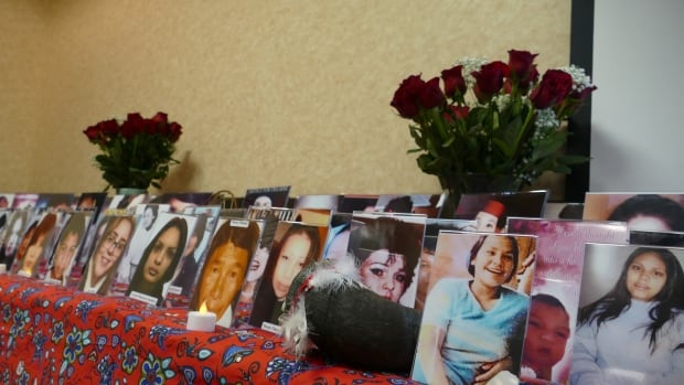 Table with red floral tablecloth is lined with images of women and red roses