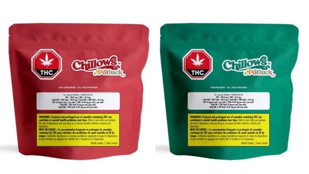 Two packages of Chillows cannabis pouches side by side. The cinnamon and wintergreen flavours are both being recalled by health Canada because their THC values were mislabeled on their packages. an orangey-brown coloured zip lock style package and a green coloured package pictures beside eachother. their labels indicate that both contain chillows brand THC pouches