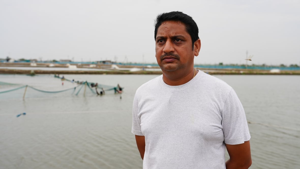 The person looks a little with a slightly with a large pond in the background.