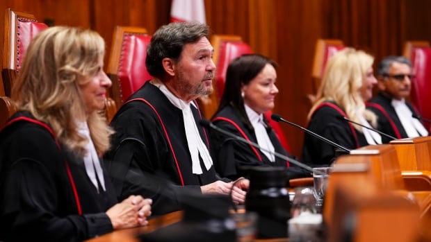 Judges wearing black, red an white legal robes sit in a row in front of microphones.