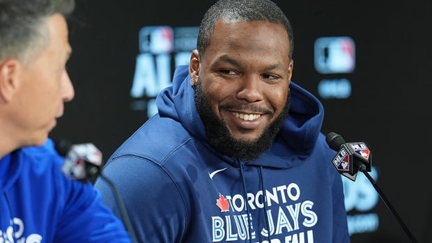 Toronto Blue Jays first baseman Vladimir Guerrero Jr. talks to reporters at Yankee Stadium in New York on October 6, 2025.