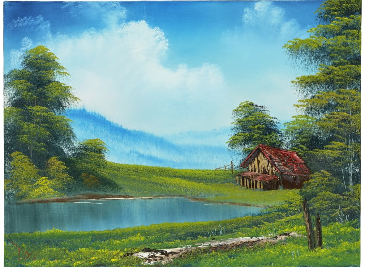 The landscape panel depicts a small cabin at the foot of a bright blue lake, below a blue sky.
