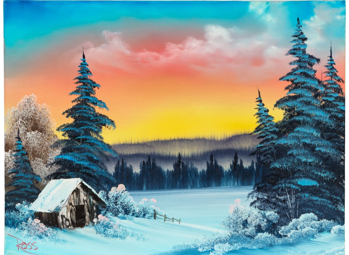 The orange and bright yellow sun sets a winter scene in this natural plate. A small wooden house or a visible wooden structure on the left side, and some evergreen trees extend up