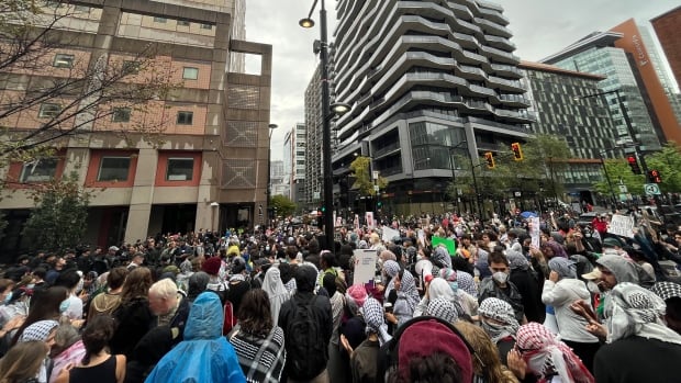 A large group of protesters could be seen, around 1 p.m. Tuesday, near the corner of Mackay Street and de Maisonneuve Boulevard. Protesters