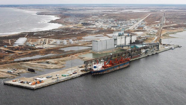 An aerial photo shows a large ship at a port.