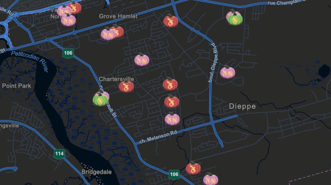 A zoomed in map of streets with scattered pumpkin icons on it: 8 pink, 7 red and 2 green.