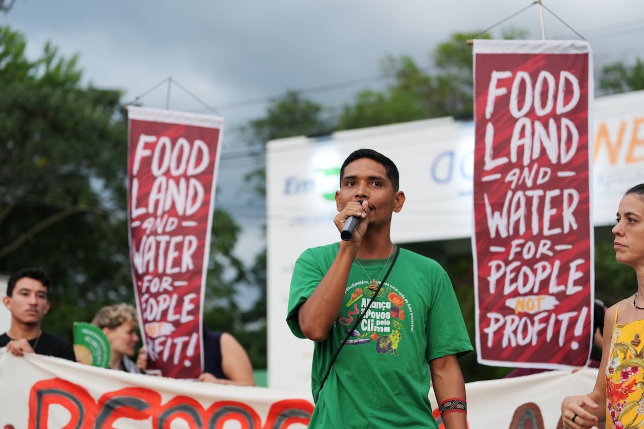 Demonstrators protest against large agribusiness near the agrizone during Cop30 Climate, Monday, November 20, 2025, in Belem, Brazil. (AP Photo / Joshua A. Bickel)