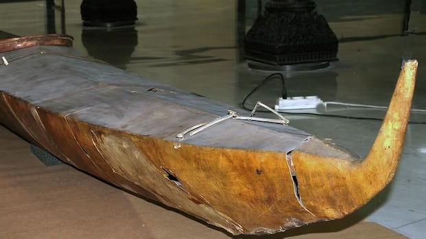 This Inuvialuit kayak is being held at the Vatican Museums, along with several other Indigenous artifacts. An old kayak
