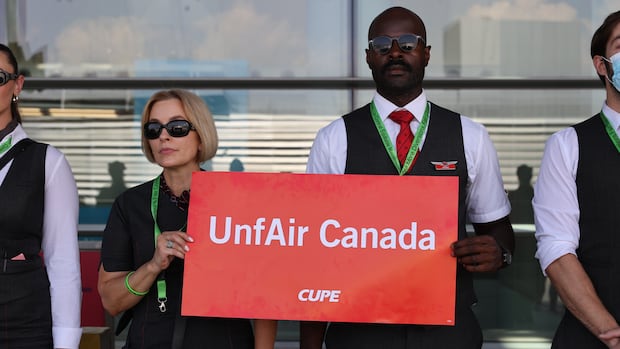 Two flight attendants holding a picket sign that reads: "UnfAir Canada."