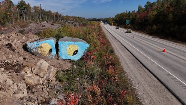 Two large boulders, painted as eyes, on the side of a highway.