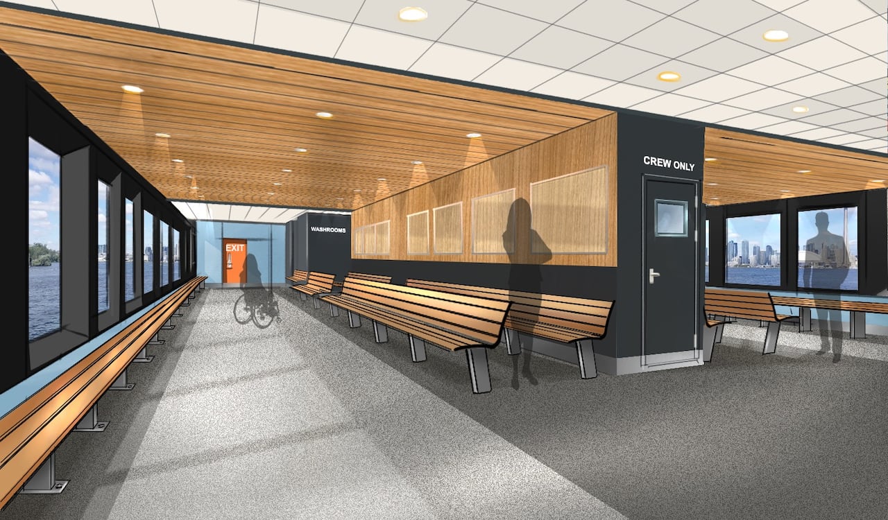 A rendering of benches inside a ferry