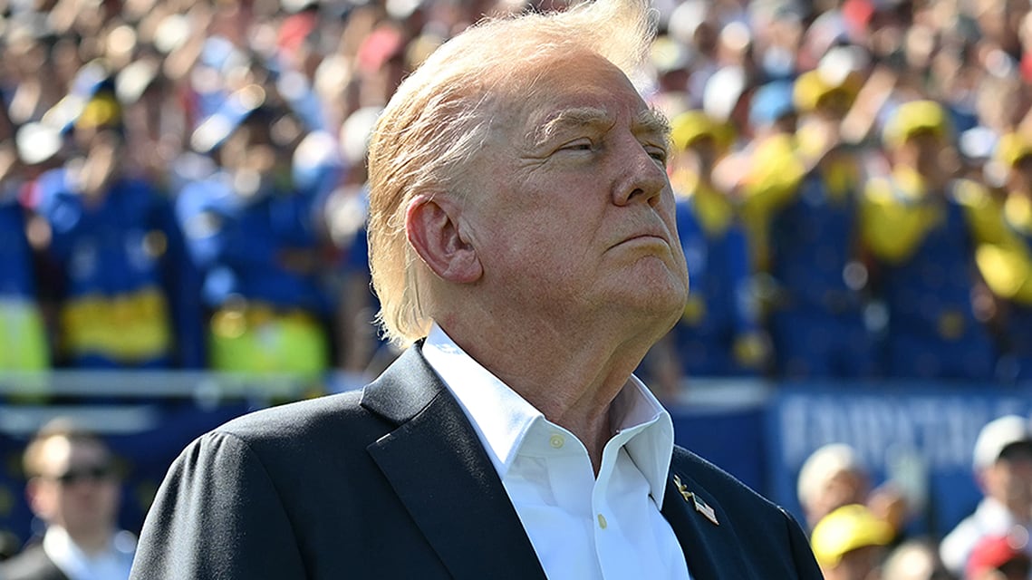 United States President Donald Trump attends the Ryder Cup at Black Course at Bethpage State Park Golf Course in Farmingdale, New York on September 26, 2025.