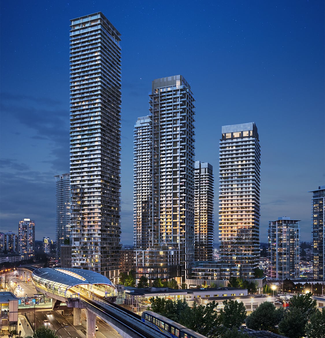An artistic rendering of high-rise buildings at dusk behind Brentwood SkyTrain Station.