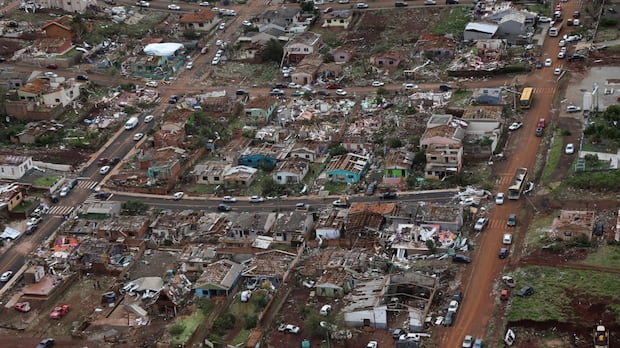 Aerial view of destroyed houses after a tornado hit Rio Bonito do Iguacu, Parana state, Brazil, November 8, 2025. Parana State Government/Handout via REUTERS ATTENTION EDITORS - THIS IMAGE WAS PROVIDED BY A THIRD PARTY. Aerial view of rows of destroyed houses