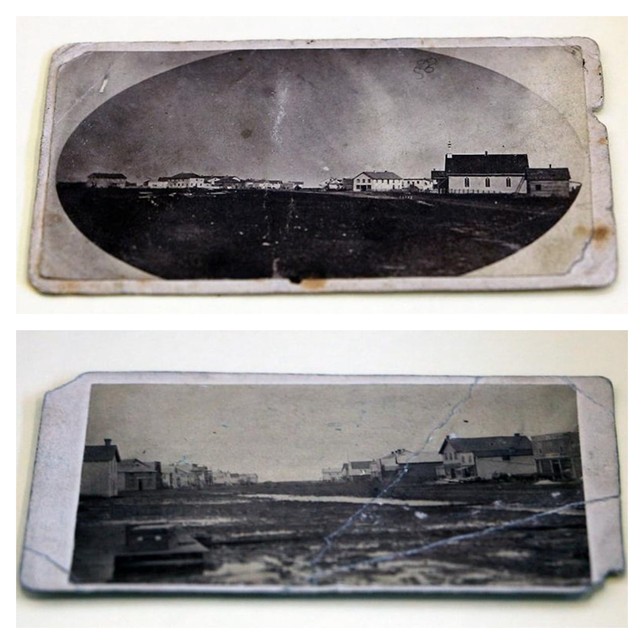 Two black and white images, stacked on top of one another, show a muddy street from the 1870s